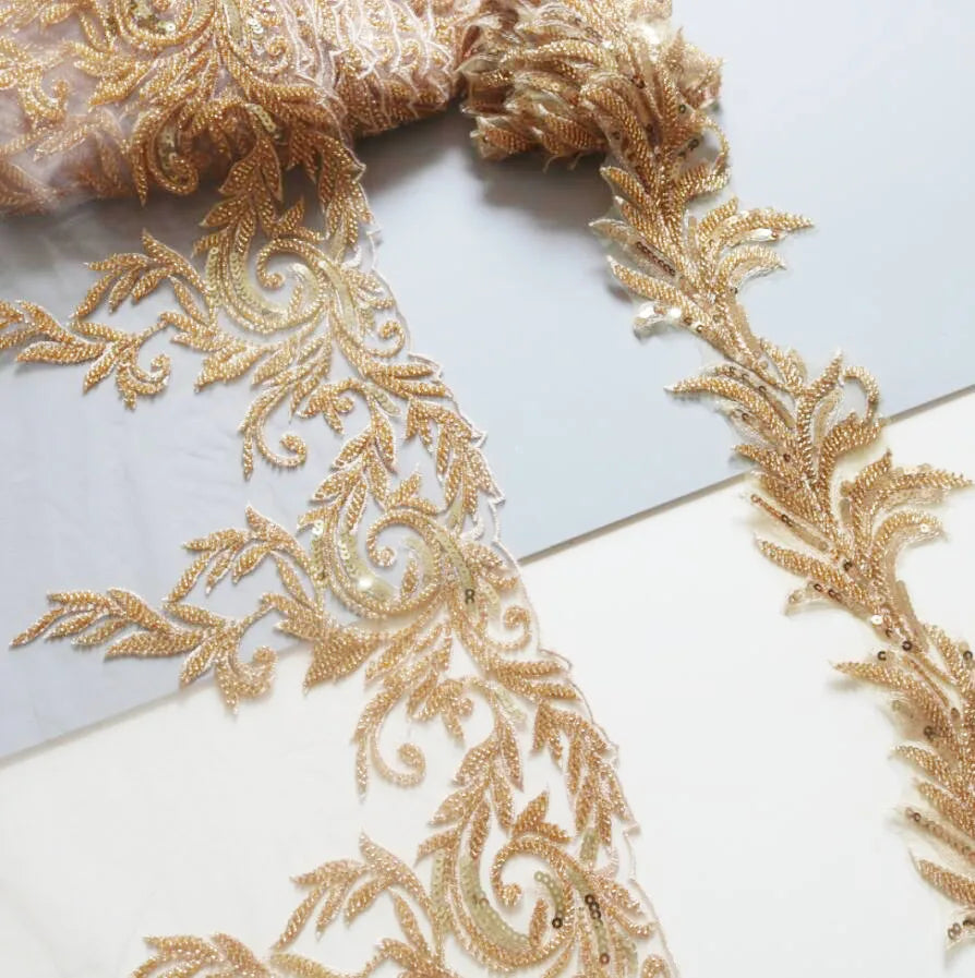 2Yards Beaded Embroidery Gold Lace Wedding Dress Veil Children's Clothing Headwear Trims 13cm~25cm