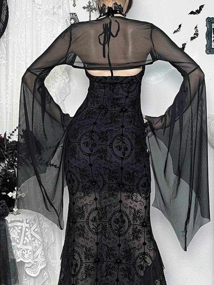 AltGoth Halloween Gothic Mesh Smock Women Vintage Streetwear Witch See Through Bat Sleeve Crop Blouse Sexy Cosplay Clothes Femme