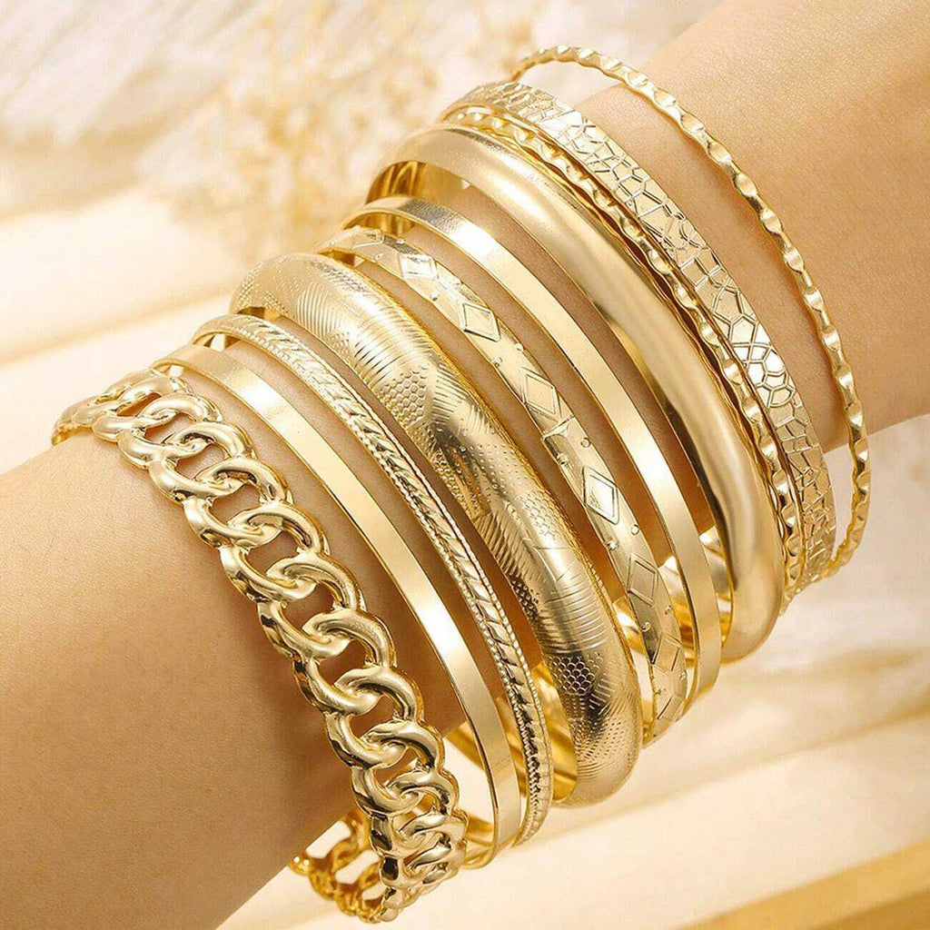 10pcs/set Metal Bangles Set For Women Heavy Punk New Styles Hiphop Textured Fashion Stackable Bracelets Party Jewelry