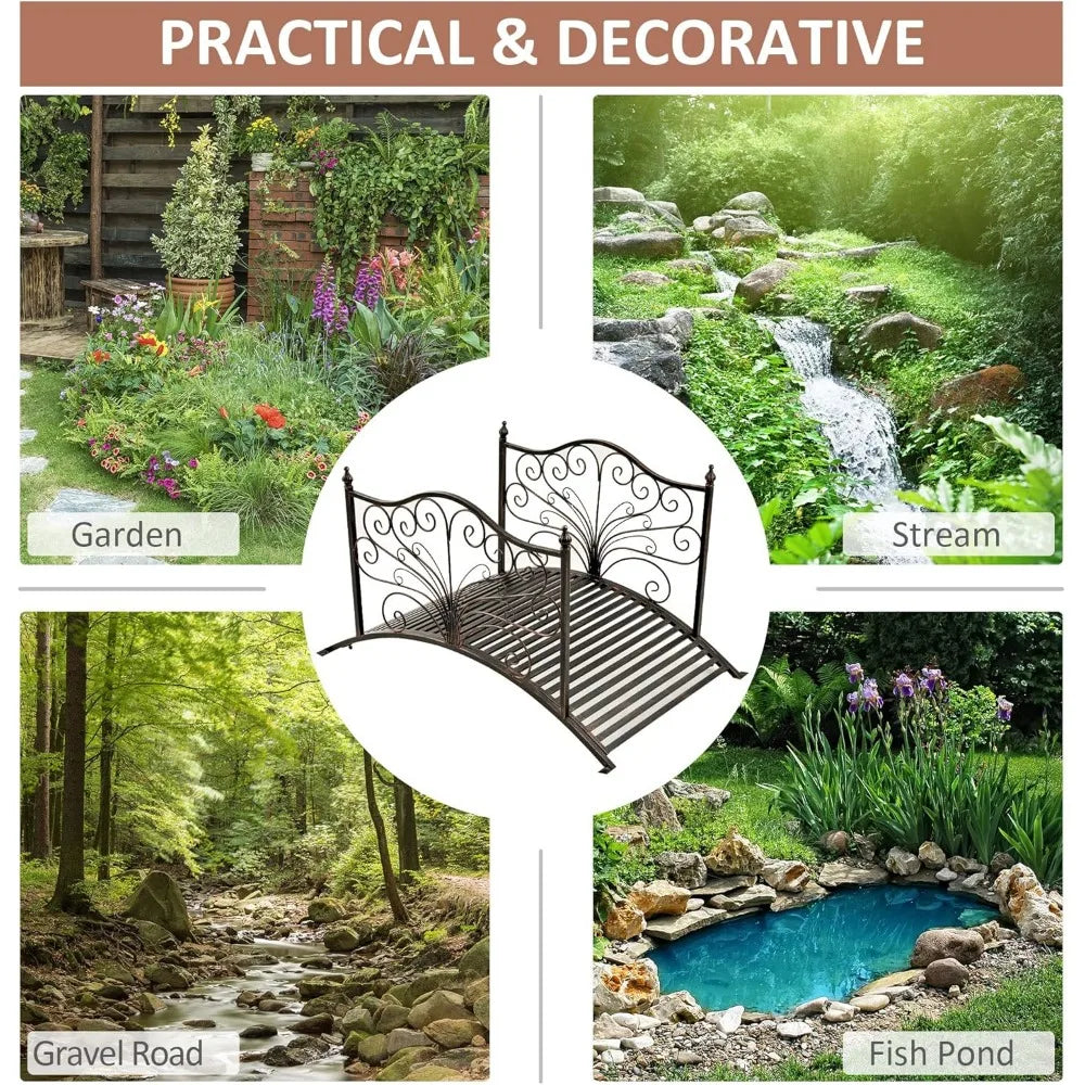 4FT Metal Garden Bridge with Side Rails, Outdoor Arch Footbridge with Scrollwork, 440 lbs Capacity, Easy Assembly for Yard, Lawn