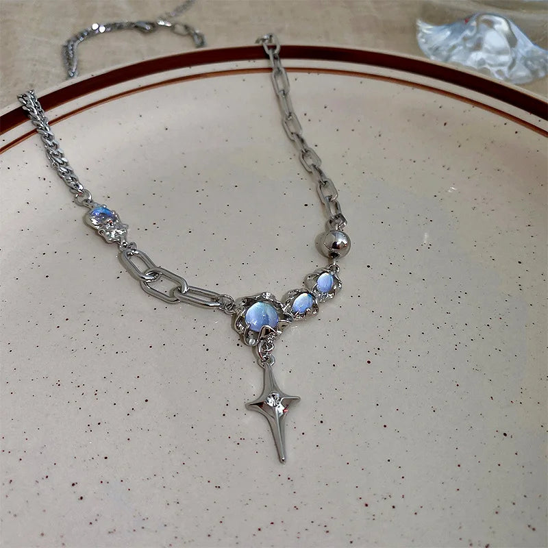 Silver Color Star Pendant Necklace Shiny Rhinestone Moonstone Clavicle Chain Necklace For Women Party Accesories Y2k Jewelry