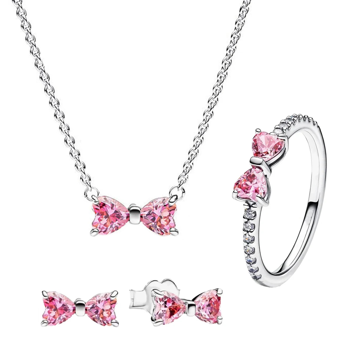 Hot Selling Original 925 Sterling Silver Pink Bow Ring Earrings Bracelets Necklace DIY Women Fine Jewelry Valentine's Day Gift