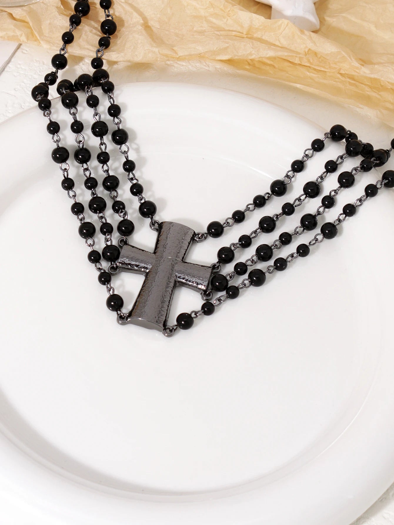 Punk Exaggerated Black Cross Beads Sexy Choker Necklaces Halloween Party Jewelry