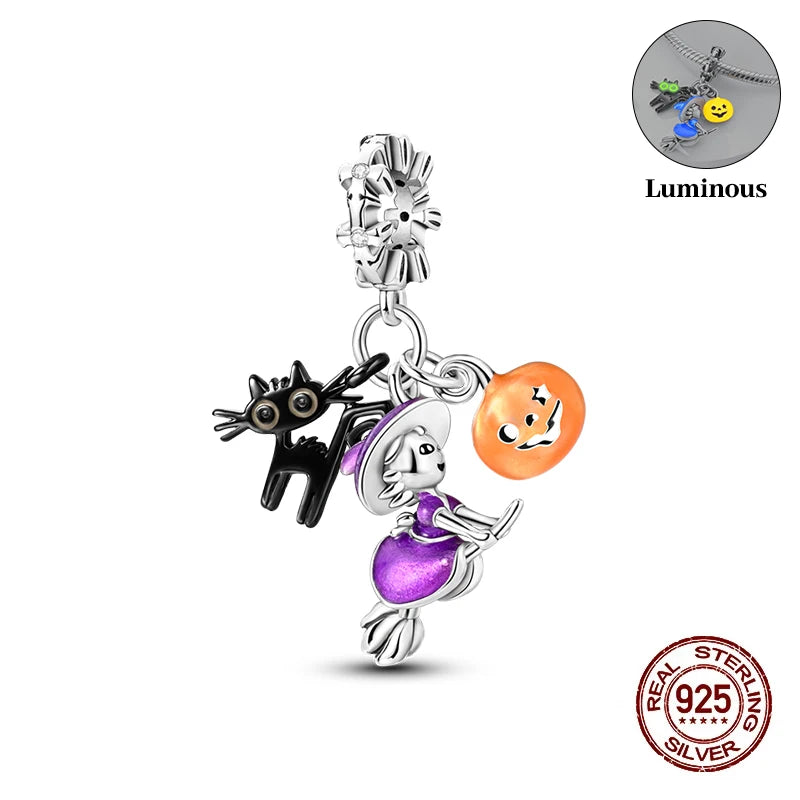 2025 Hot Sale Halloween Charms Bead 925 Sterling Silver Luminous Pumpkin Ghost Dangle Fit Bangle Bracelet Necklace DIY Jewelry