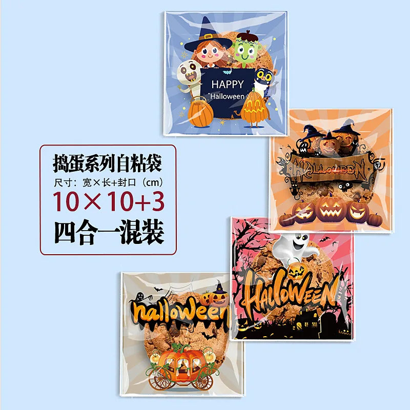 100pcs Happy Halloween Cookie Candy bread packaging bags self-adhesive plastic bags for biscuits snack baking package 10X10