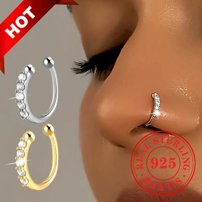 Huitan Exquisite Ultra-Sparkle CZ Pierced Nose Rings 925 Sterling Silver Hypoallergenic Jewelry Personality Anniversary Jewelry