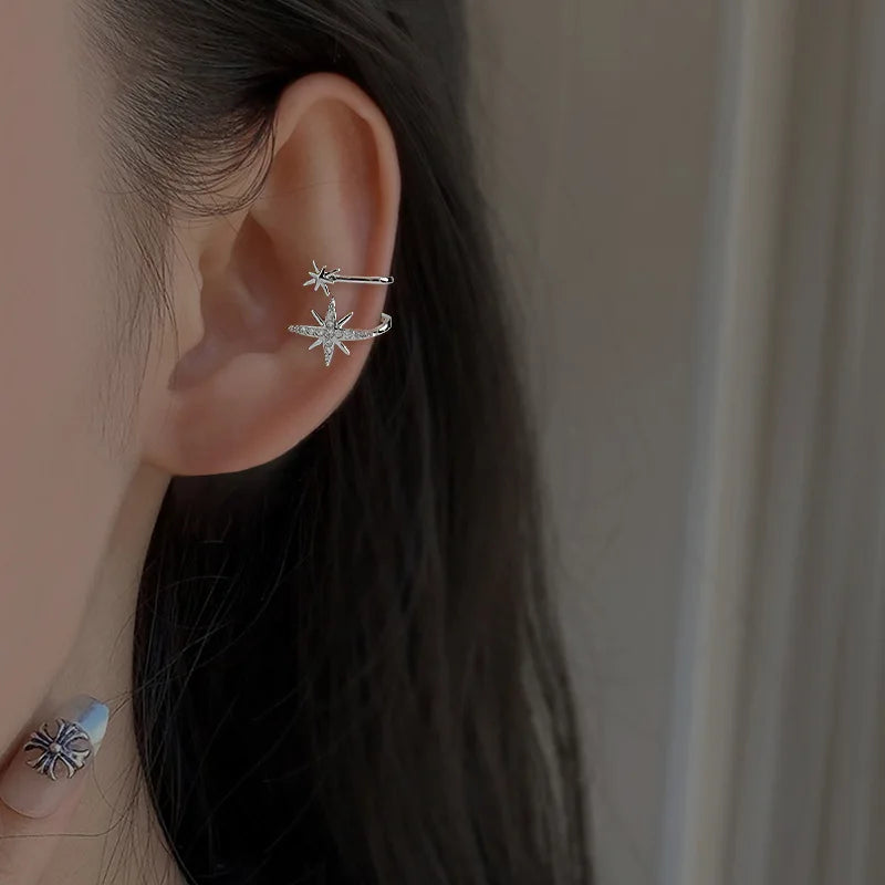 Korean Exquisite Zircon Star Ear Clip for Women Without Piercing Long Tassel Sweet Ear Cuff Clip Earrings Wedding Jewelry Gift