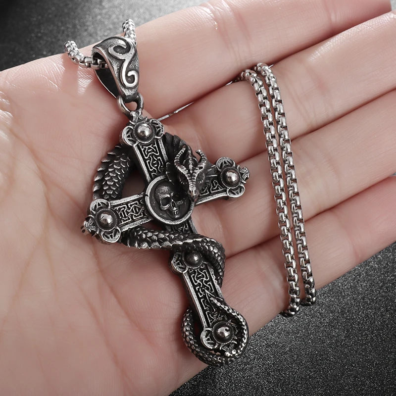 Vintage Punk Dragon Wrap Cross Pendant Necklace for Men Personality Domineering Daily Ride Wear Jewelry Gift