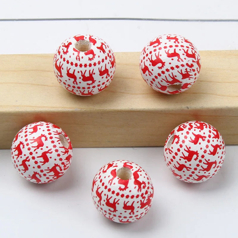 Round Balls Red Green Wooden Beads 15mm Cartoon Tree Letter Pattern Halloween Christmas Beads For Jewelry Making DIY Accessories