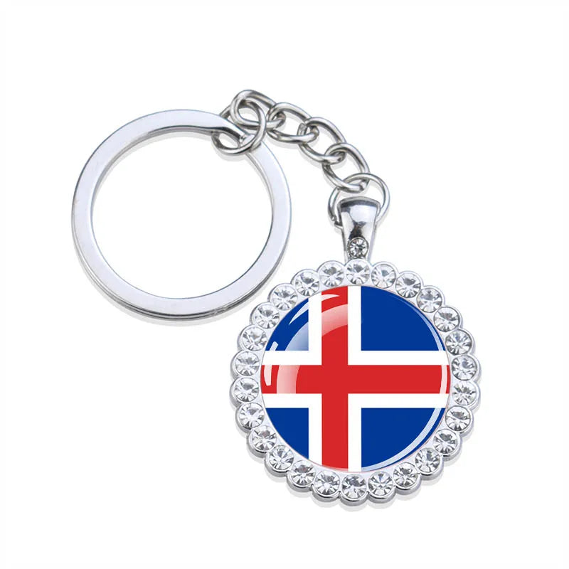 Europe National Flag Keychains Glass Dome Rhinestone Pendant Key Chains Albania Spain Ukraine Russia France Germany Flag Keyring