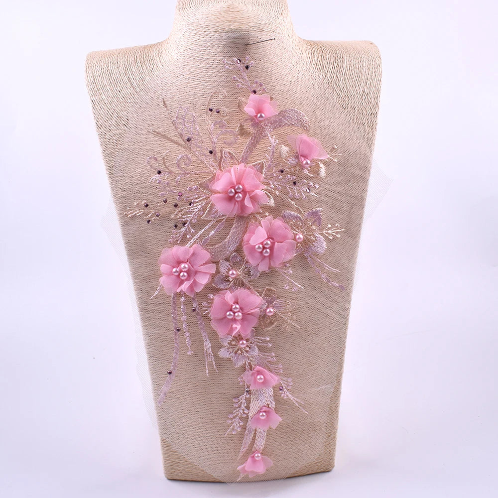 1Pc Pink Blue 3D Flower Bead Embroidery Patch Mesh Fabric Applique Sew Wedding Dress Clothes Decor Diy Repair