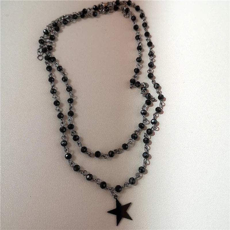 Punk Y2K Metal Cross Star Black Heart Pendant Multi Layer Bead Necklace For Women Men Vintage Gothic Charm Grunge Jewelry Gift