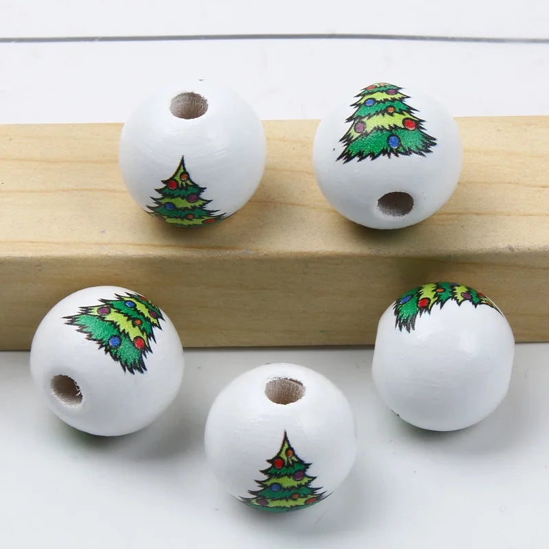 Round Balls Red Green Wooden Beads 15mm Cartoon Tree Letter Pattern Halloween Christmas Beads For Jewelry Making DIY Accessories