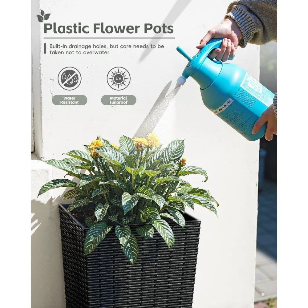 Free Delivery - 32 Inch Tall Plastic Planters with Rattan Texture – Set of 2, Detachable Inner Pot & Drainage Holes,