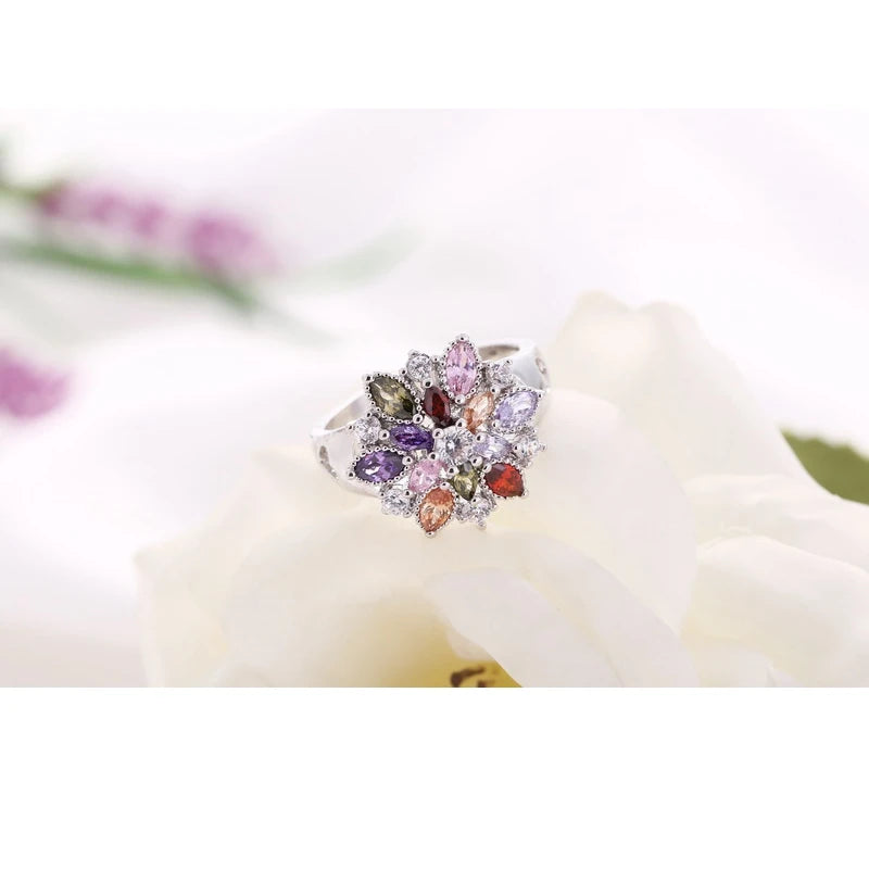 Ring Fashion 925 Sterling Silver Color Jewelry Colourful Cubic Zirconia Flower Design Cute Style Women Girls Party Engagement