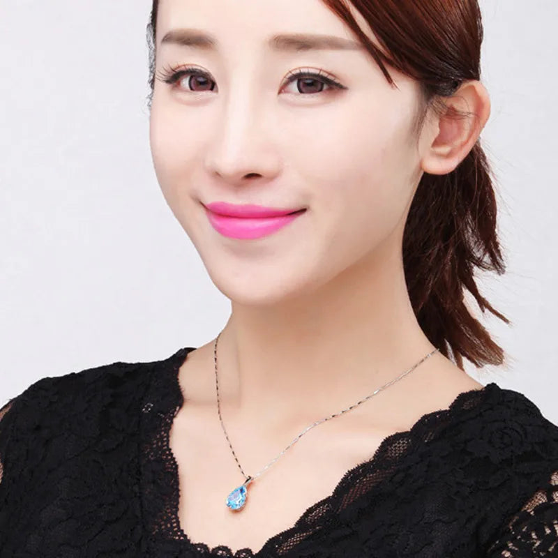 LiHong S925 Sterling Silver Necklace Angel Tears Crystal Blue Topaz Pendant Necklace for Woman Charm Jewelry Gift