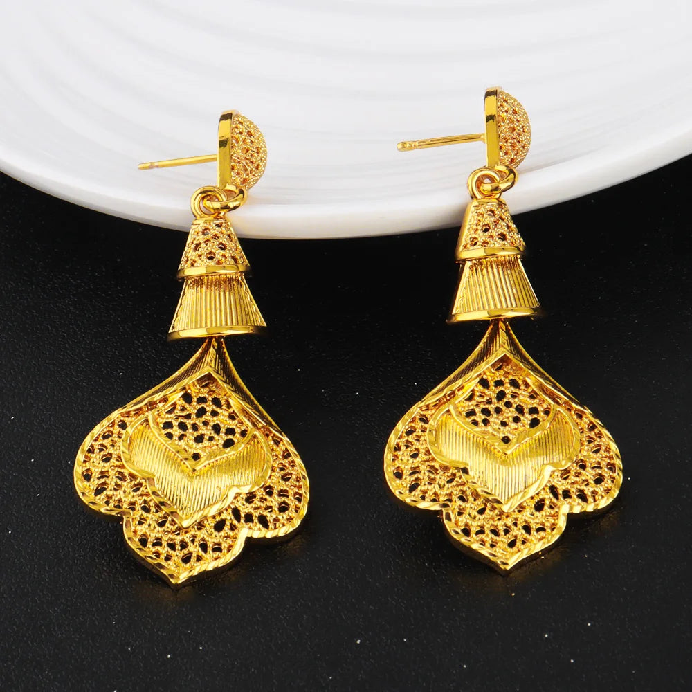 Nigerian Jewelery Set For Women Dubai 24K Gold Color Jewlery African Designer Wedding Bridal Necklace Earring Ring Gift