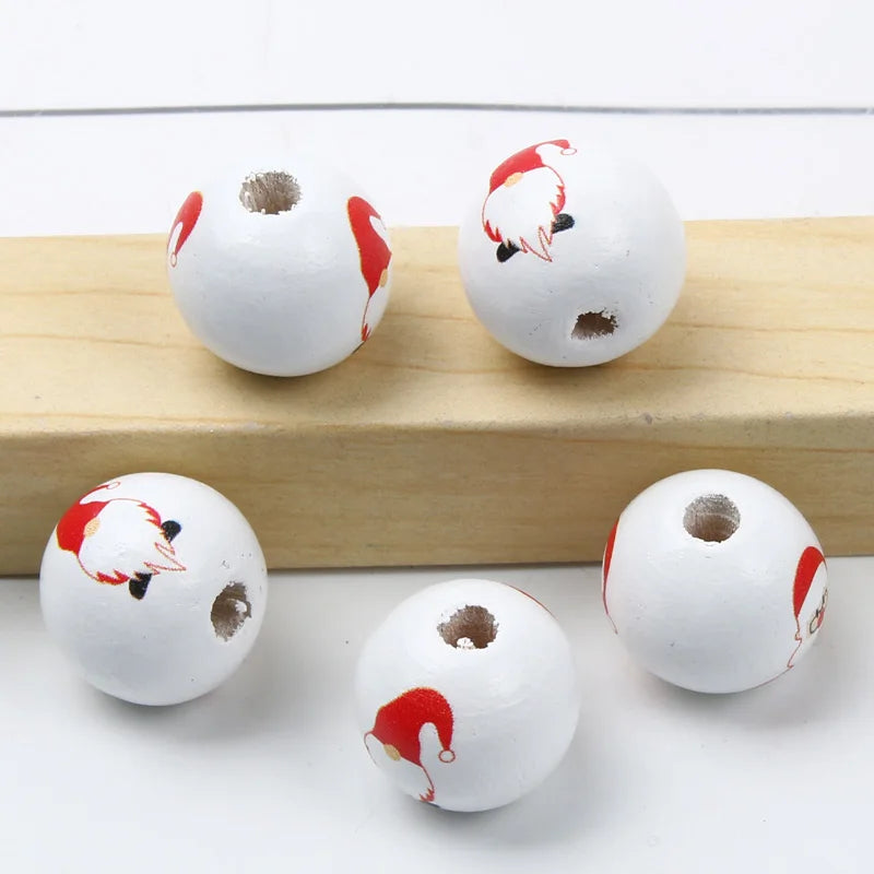 Round Balls Red Green Wooden Beads 15mm Cartoon Tree Letter Pattern Halloween Christmas Beads For Jewelry Making DIY Accessories