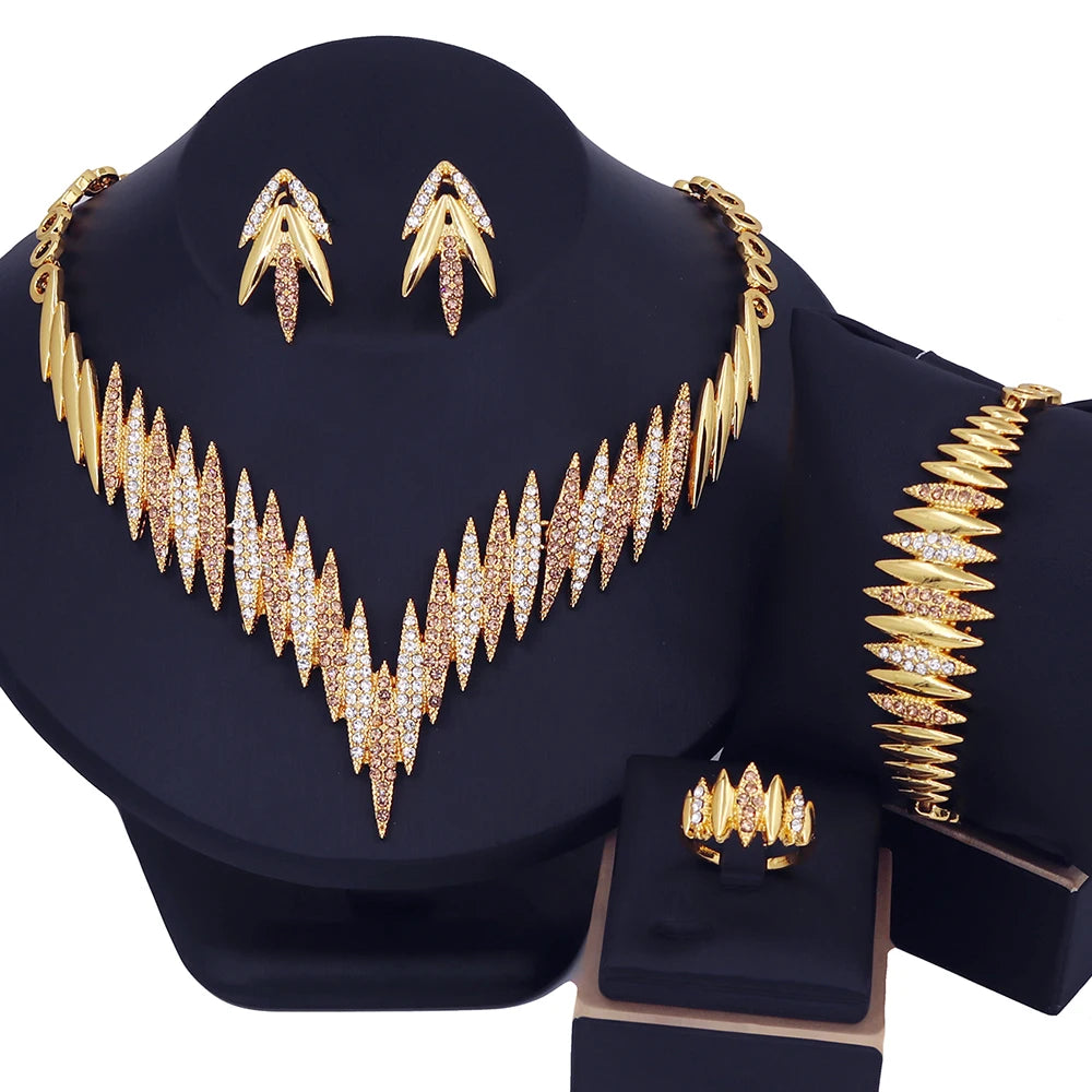 YTJX Horse Eye Jewelry Set Luxury Zircon Necklace Bracelet Earring Ring Dubai Africal Wedding Jewellery 18K Gold Plated