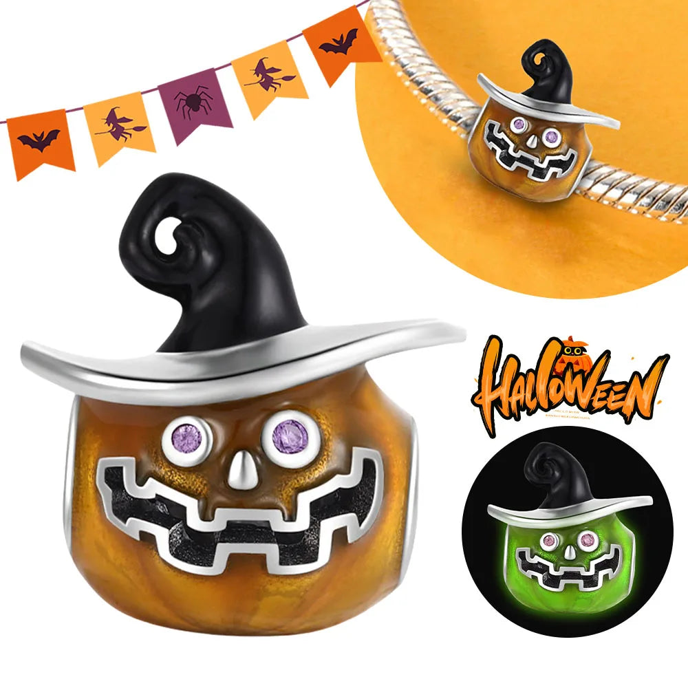 Halloween Dangle 925 Sterling Silver Skeleton Witch Devil's Eye Skull Charms Bead Fit Original Bangle Bracelet Necklace Jewelry