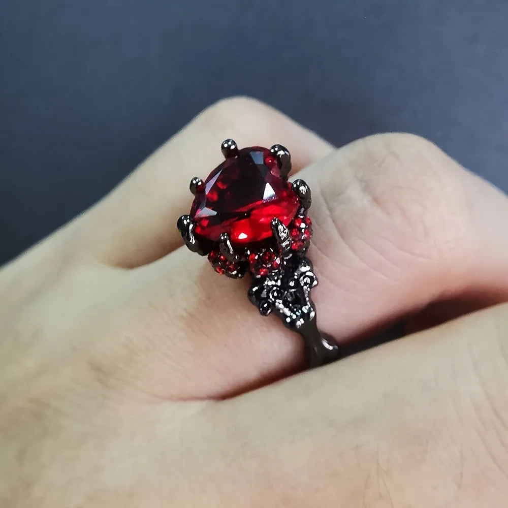 Gothic Skull & Heart-Shaped Zirconia Promise Ring - Perfect Halloween Gift for Her, Hip Hop Style Copper Band