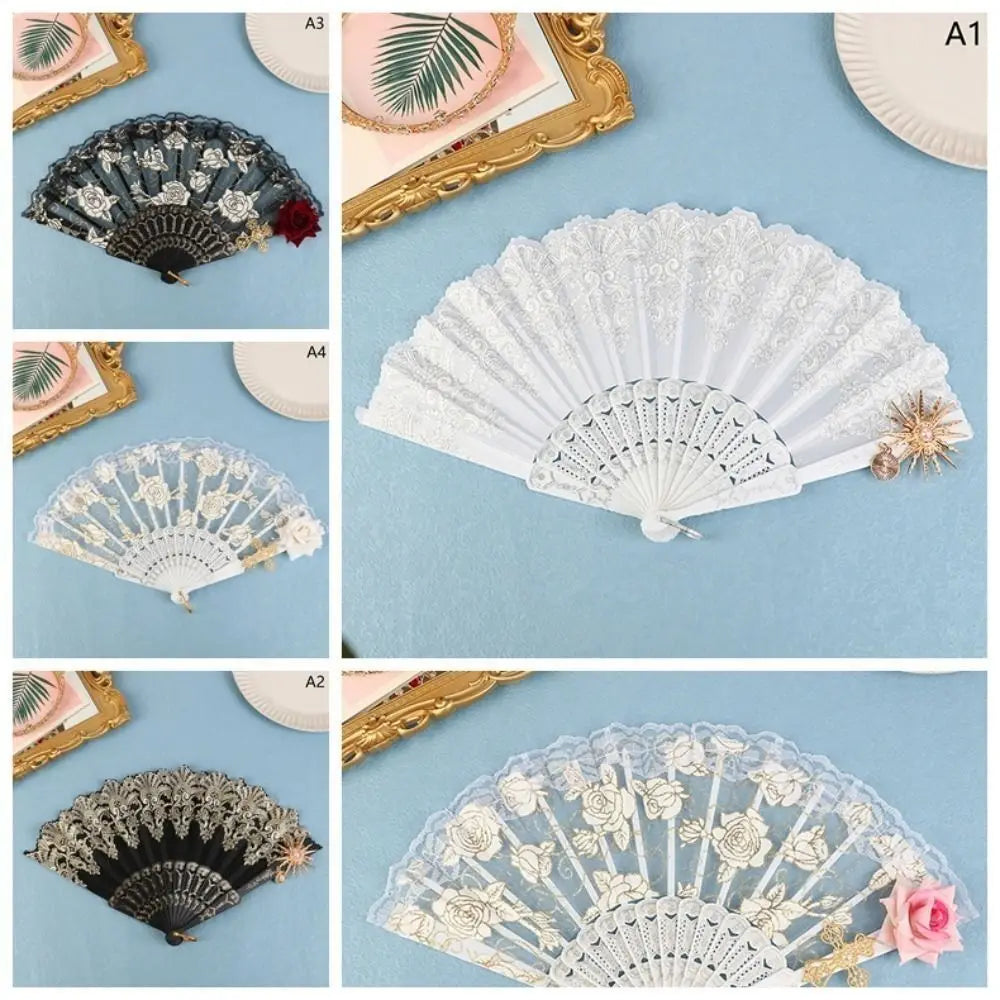 Gothic Court Lolita Lace Fan Dance Hand Fan Lace Rose Folding Fan Props for Photography