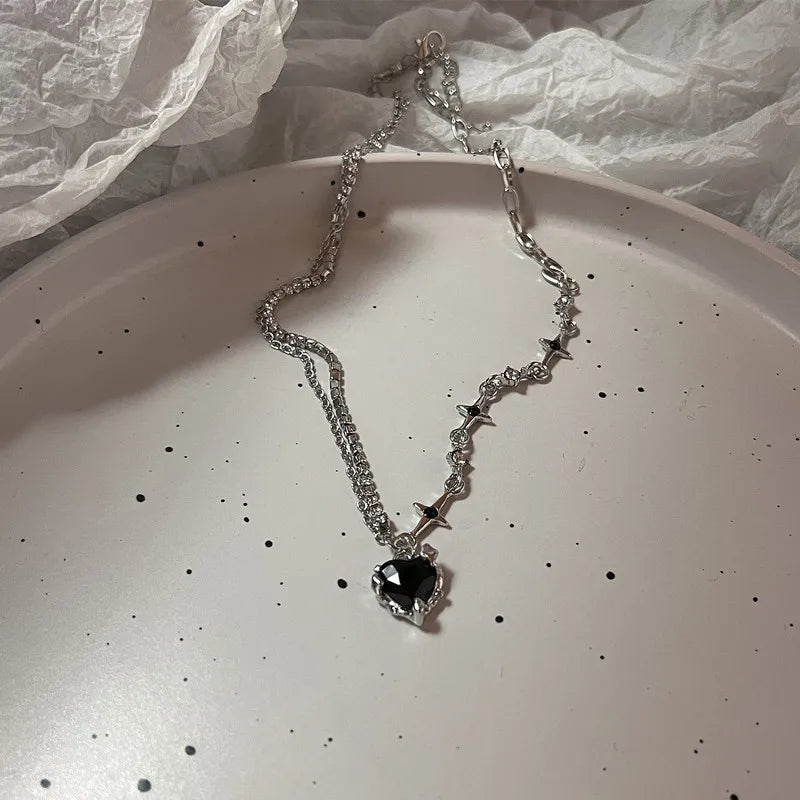 wwHarajuku Punk Love Heart Rhinestones Gothic Titanium Steel Necklace For Women New Cool Girl Party Jewelry Gifts For Friend