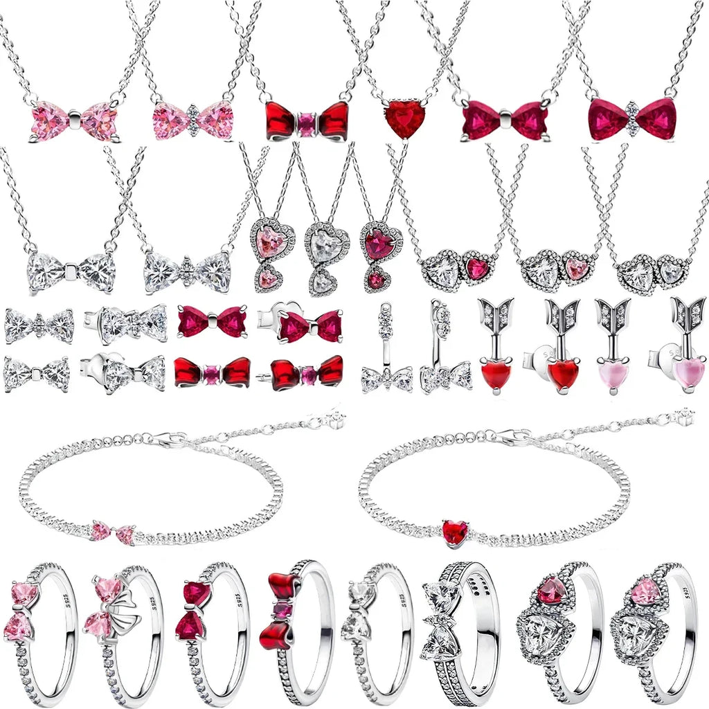 Original 925 Sterling Silver Bow Heart Set Ring Necklace Earring Colorful Crystal Women Birthday Valentine's Gift DIY Jewellery
