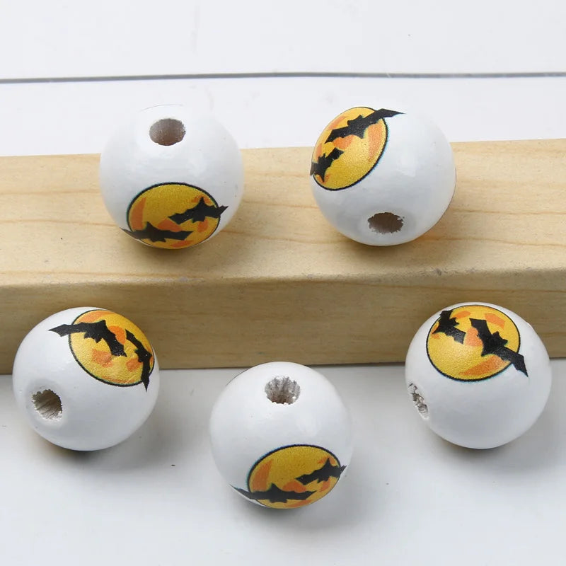 Round Balls Red Green Wooden Beads 15mm Cartoon Tree Letter Pattern Halloween Christmas Beads For Jewelry Making DIY Accessories