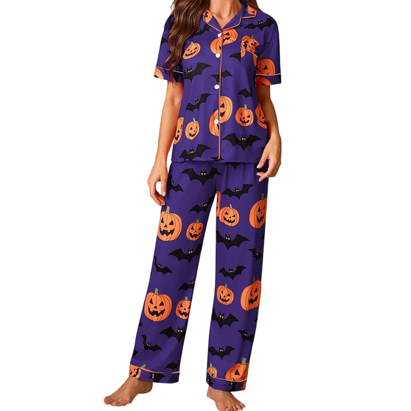 Women Halloween Pajama Set, Pumpkin Bat Print Short Sleeve Button Closure Shirt with Pants Sleepwear Loungewear