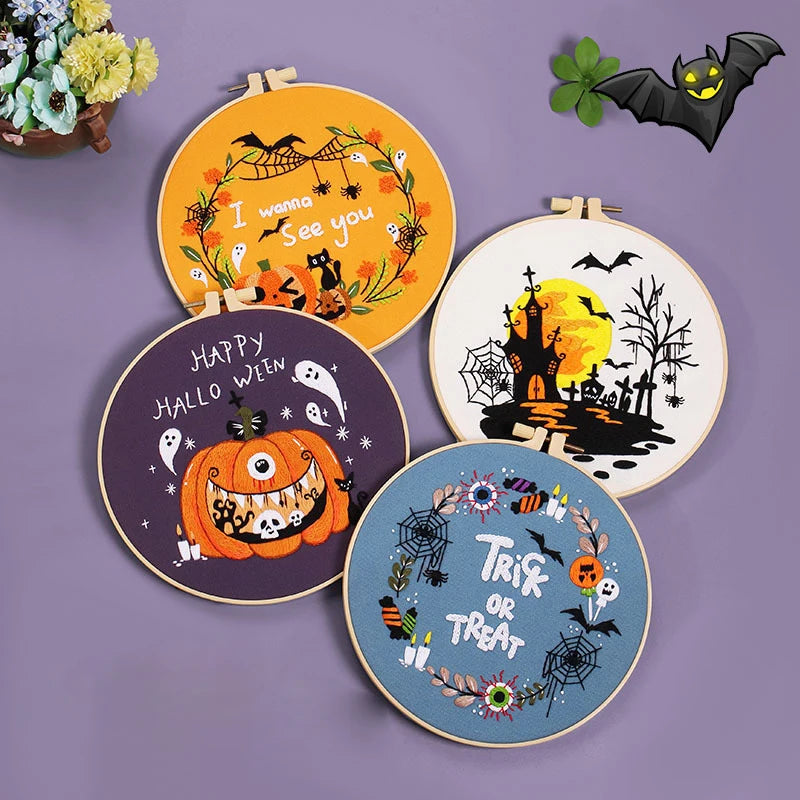 Halloween Embroidery Kits, Cross Stitch Kit for Beginners Adults DIY Spider Pumpkin Wreath Crafts Embroidery Kit