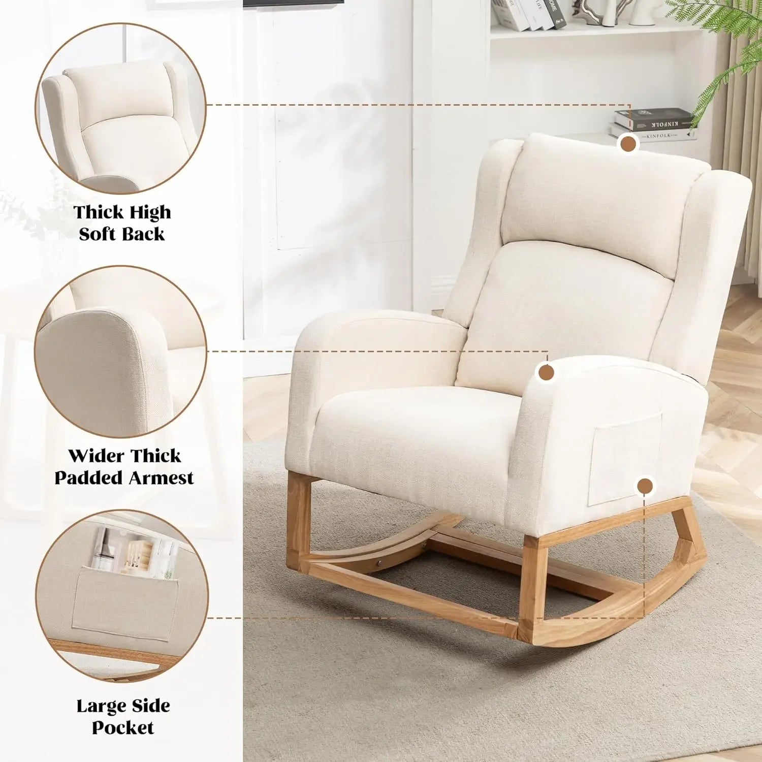 Rocking Chair Nursery, Nursing Rocking Chairs for Mom Nursery, Comfy Wingback Glider Rocking Armchair with Side