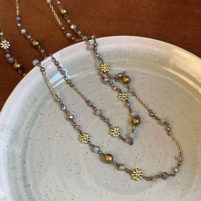 Vintage Double Layered Flower Beaded Chains Necklaces for Women Bohemian Ethnic Style Glass Beaded Sweater Chain Jewelry