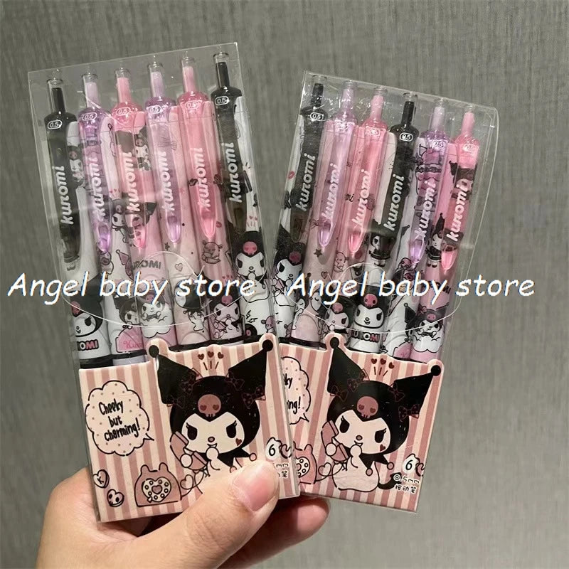 Sanrio Hello Kitty 6pcs Series Gel Pen 0.55mm Refill Y2k Cinnamoroll Kuromi MelodyCartoon Press Pen Black Stationery Supplies