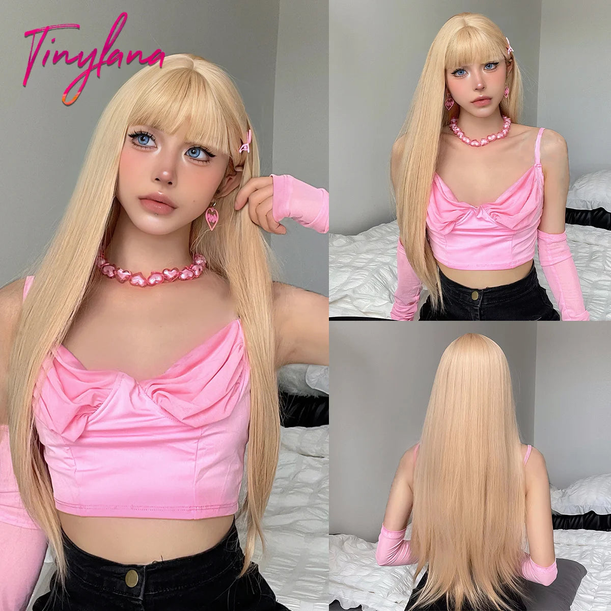 Long Straight Light Pink Synthetic Wigs with Bangs for Women Cosplay Halloween Lolita Pink Party Wig Natural Hair Heat Resistant