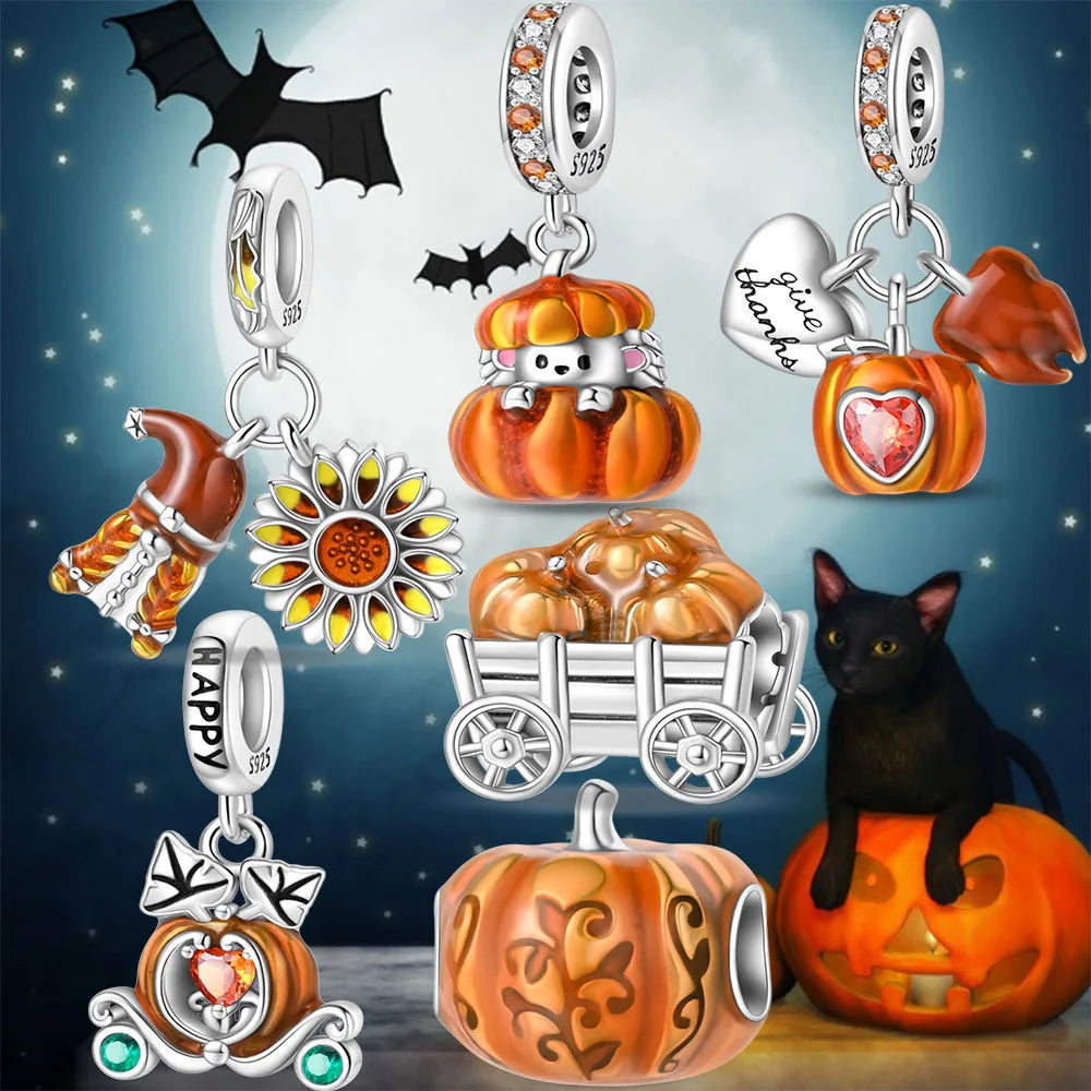 Halloween Pumpkin Series 925 Silver Orange Harvest Charms Beads For Original Bracelet For Women Jewelry Making Gift