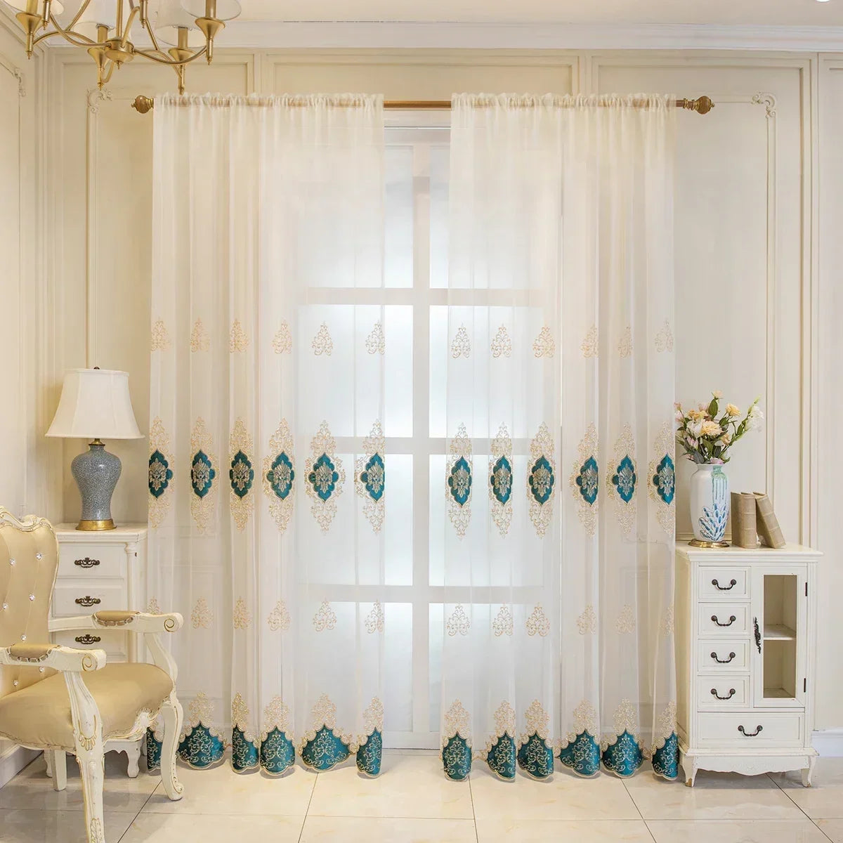 European Luxury Classic Style Transparent Tulle Curtains 1PC Living Room and Bedroom Exquisite Embroidered Gauze Curtains