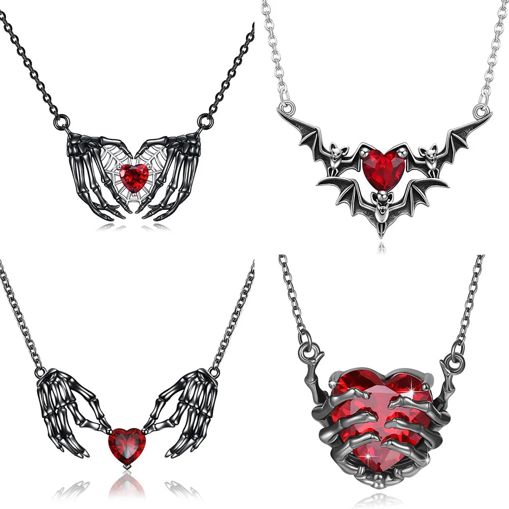 Gothic Punk Bat Wings and Heart Shaped Resin Pendant Necklace - Dark Fantasy Style Alloy Chain, Halloween Women’S Gift, Casual Fashion Accessories