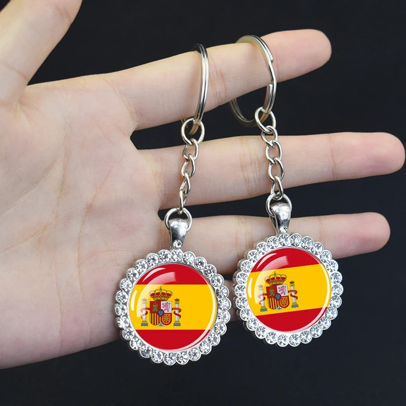 Europe National Flag Keychains Glass Dome Rhinestone Pendant Key Chains Albania Spain Ukraine Russia France Germany Flag Keyring