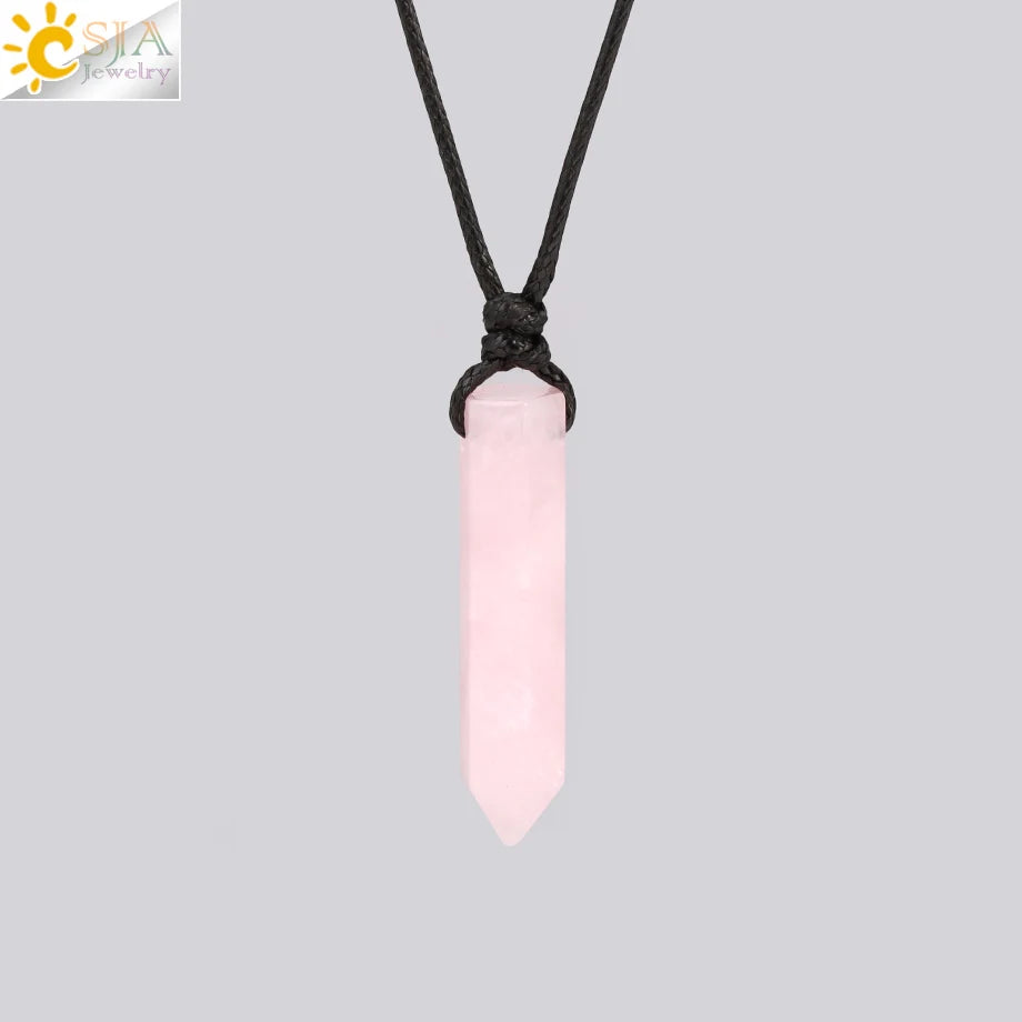 Vintage Man Necklace Natural Stone Hexagonal Point Pendant Healing Pink Quartz Obsidian Crystal Necklaces Jewelry for Men H266