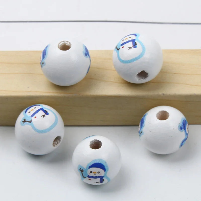 Round Balls Red Green Wooden Beads 15mm Cartoon Tree Letter Pattern Halloween Christmas Beads For Jewelry Making DIY Accessories