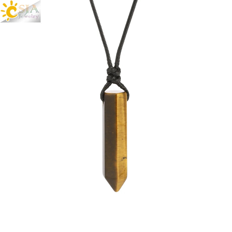 Vintage Man Necklace Natural Stone Hexagonal Point Pendant Healing Pink Quartz Obsidian Crystal Necklaces Jewelry for Men H266