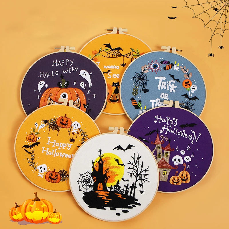 Halloween Embroidery Kits, Cross Stitch Kit for Beginners Adults DIY Spider Pumpkin Wreath Crafts Embroidery Kit