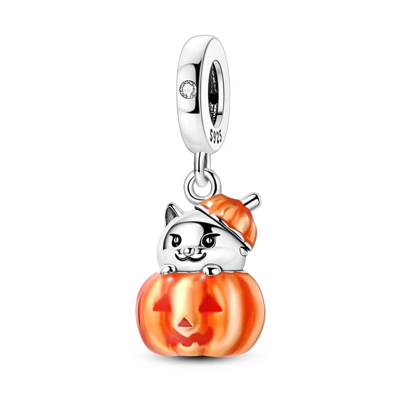 Original 925 Sterling Silver Halloween Charms Beads Pendant Pumpkin Witch Doll Skull Candy Charm Fit Bracelet DIY Jewelry Gift