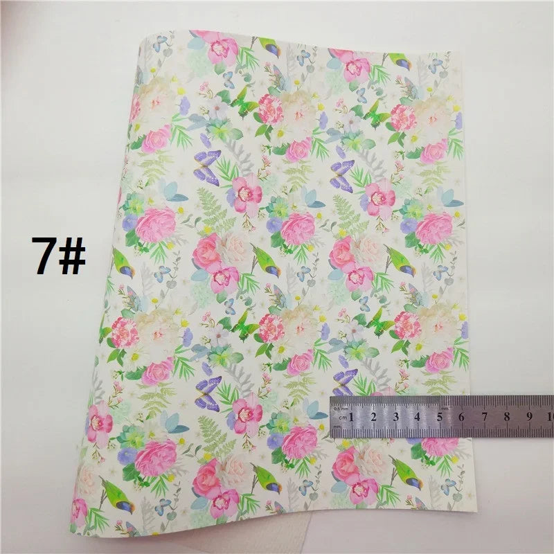 Spring Rose Flowers Printed Synthetic Leather Faux Fabric Sheets Felt Backing Vinyl For Earrings bag Bows DIY GM2381B