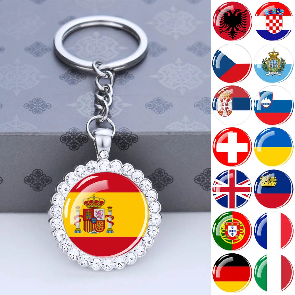 Europe National Flag Keychains Glass Dome Rhinestone Pendant Key Chains Albania Spain Ukraine Russia France Germany Flag Keyring
