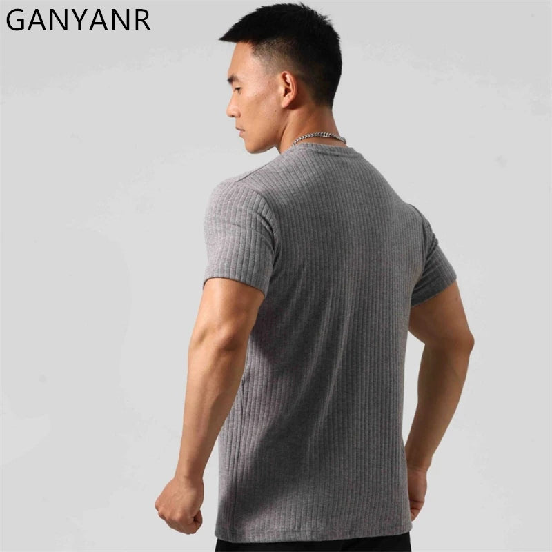 GANYANR Gym Clothing Men Running T-shirt Summer Golf Wear Active Fitness Short Sleeve Sports Bodybuilding Training Yoga Cool Tee