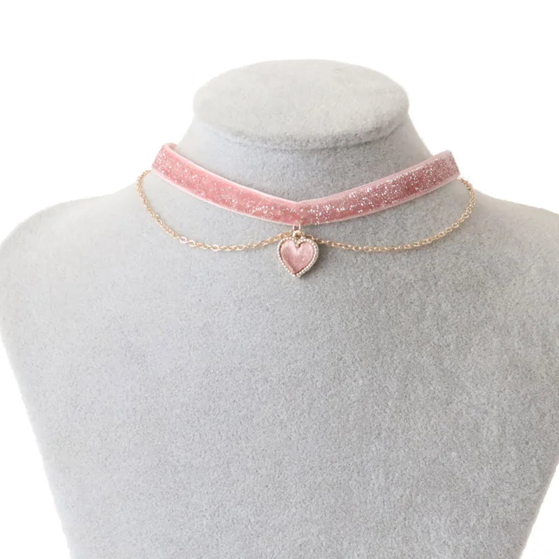 Choker for Girl Lady Women Bithday Gift Velvet Weaving Red Pink Black Lace Heart Pendant Necklaces Jewelry