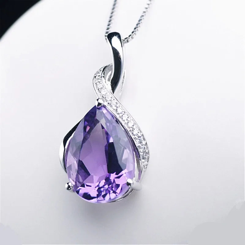 Buyee 925 Sterling Silver Female Stone Pendant Chain Natural Amethyst & Aquamarine Necklace for Women Fashion Fine Jewelry Chain