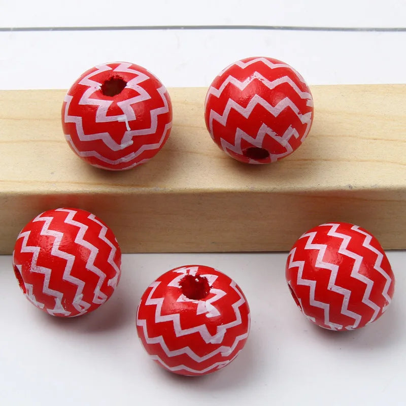 Round Balls Red Green Wooden Beads 15mm Cartoon Tree Letter Pattern Halloween Christmas Beads For Jewelry Making DIY Accessories